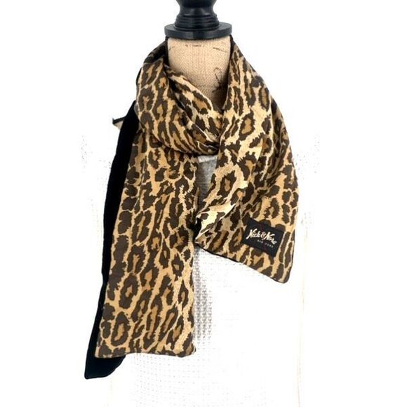 Nick & Nora Silk Leopard Print Scarf‎ Black Luxurious Velvet Romantic Designer - Picture 3 of 9